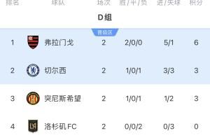 世俱杯D组积分榜：弗拉门戈提前出线，切尔西与突尼斯争出线名额